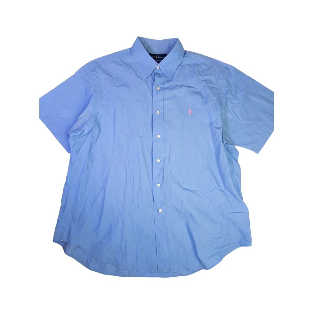 Ralph Lauren Mens XL Classic Fit Blue Short Sleeve Button Down Shirt Pink Pony